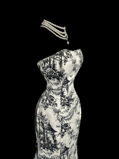 Classic Mermaid Strapless Print Floral Satin Long Prom Dress Wedding Guest Dress DP3939