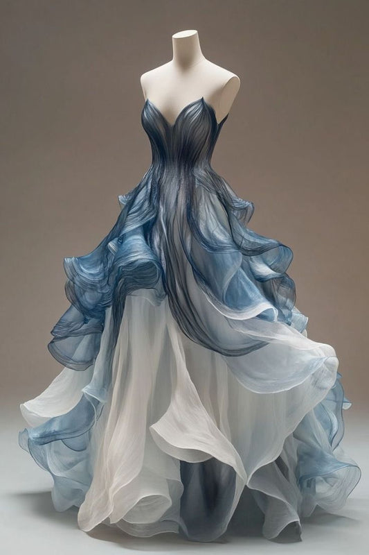 Luxurious A Line Sweetheart Neck Ruffle Blue White Tulle Prom Dress Evening Dress DP1658