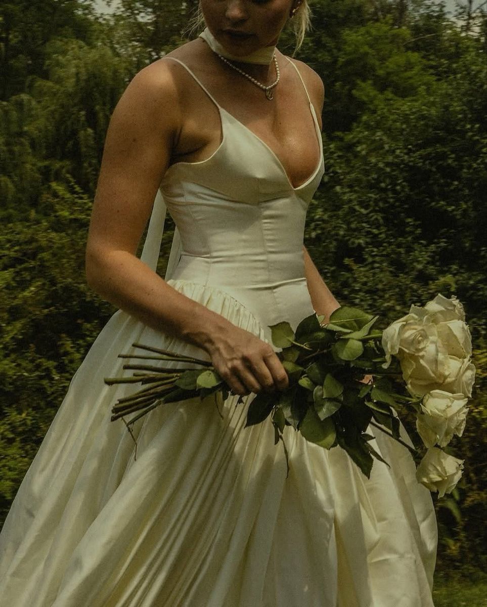 Simple A Line Spaghetti Strap Ivory Satin Long Wedding Dress DP7194