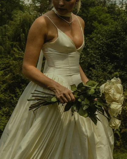 Simple A Line Spaghetti Strap Ivory Satin Long Wedding Dress DP7194