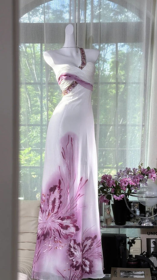 Pretty A Line One Shoulder Beaded Purple Floral Chiffon Prom Dress Party Dress DP3592