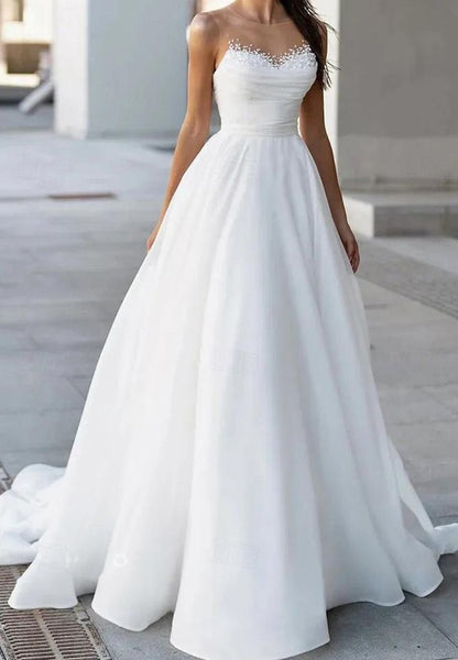 Stunning A Line Sweetheart Neck Pearl White Organza Prom Dress Wedding Dress DP3889