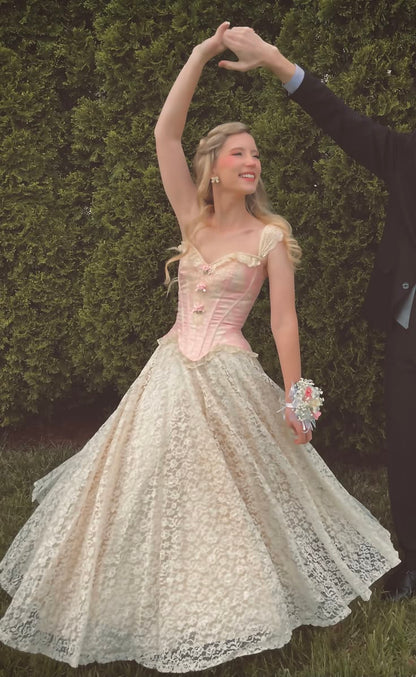 Princess A Line Strap Pink Satin White Lace Prom Dress Party Dress DP6533