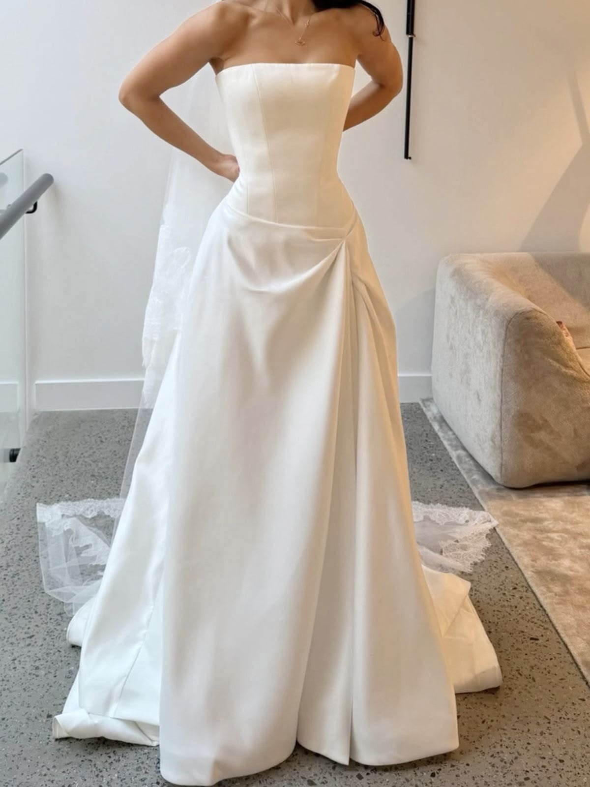 Simple A Line Strapless White Satin Long Wedding Dress DP6860