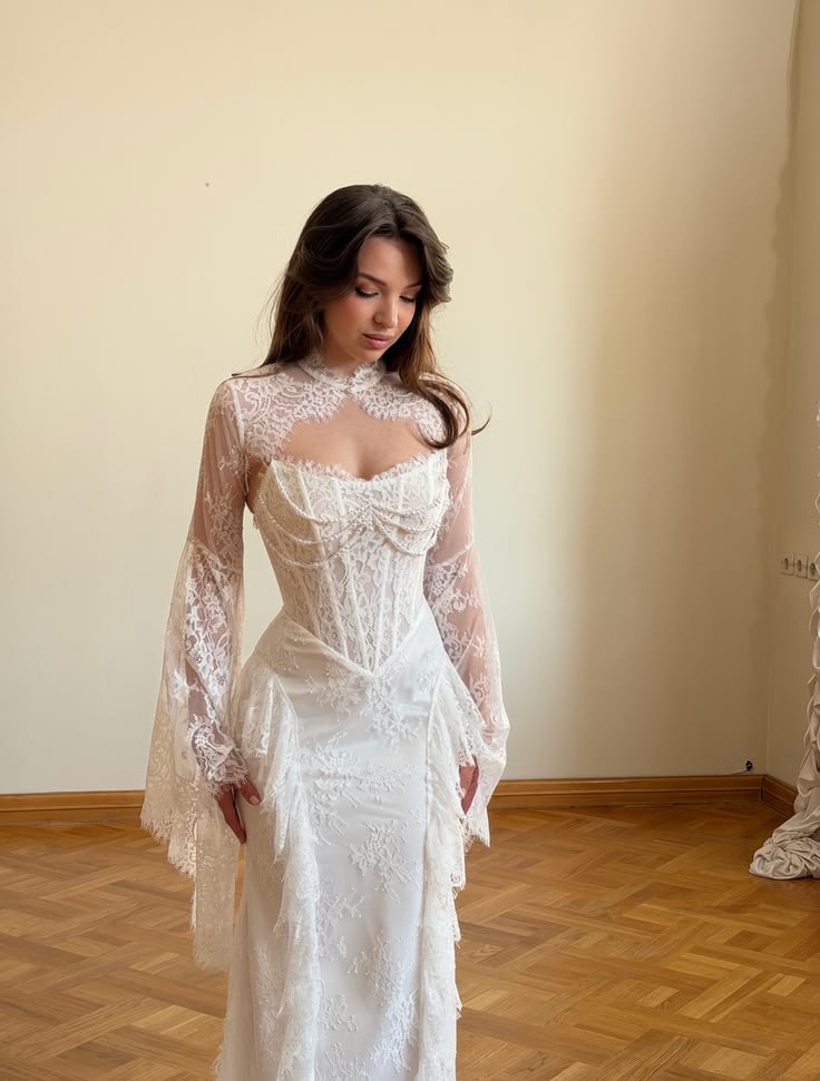 Stunning Two Piece White Sheath Long Sleeve Corset Lace Long Wedding Dress DP6729