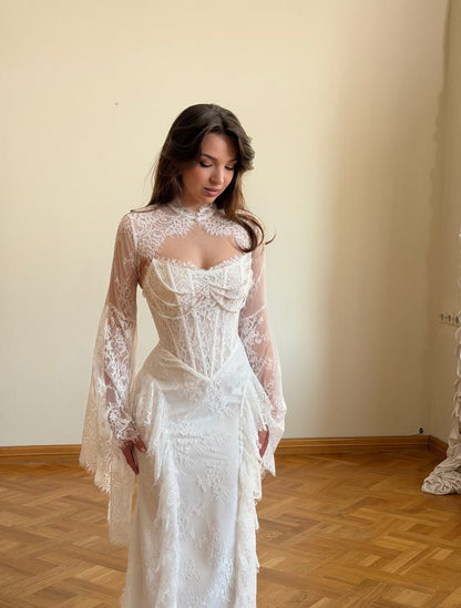Stunning Two Piece White Sheath Long Sleeve Corset Lace Long Wedding Dress DP6729