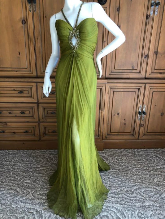 Vintage A Line Halter Beaded Green Chiffon Open Back Long Prom Dress Evening Dress DP2387