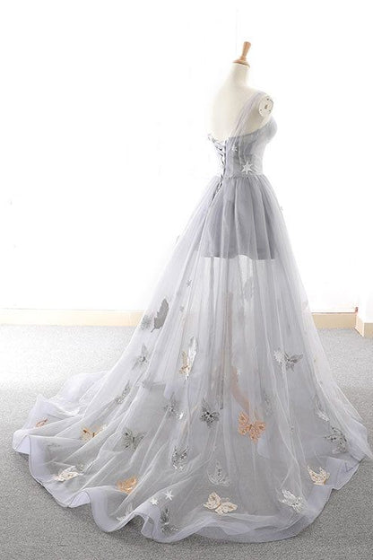 Gray A Line Sweetheart Appliques Tulle Long Prom Dress Evening Dress DP1062