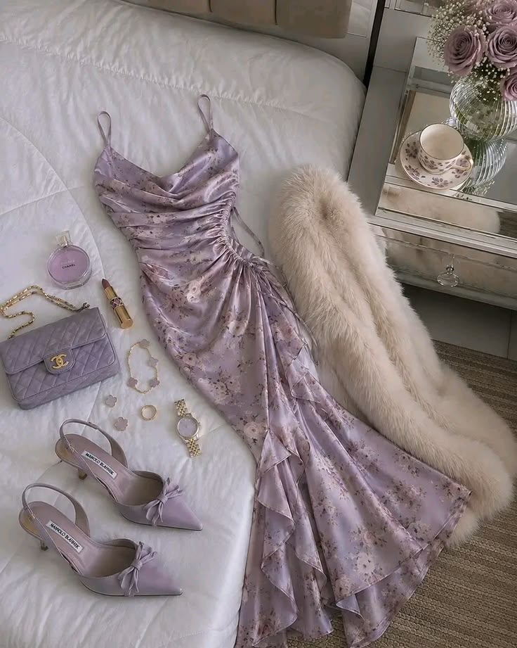 Purple Mermaid Spaghetti Straps Ruffle Print Satin Prom Dress Evening Dress DP5717