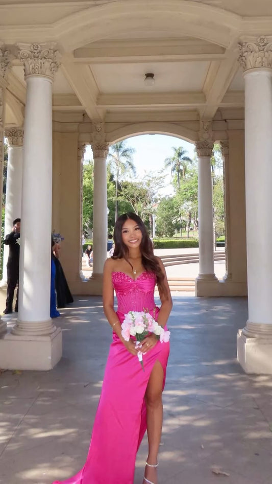 Hot Pink Sheath Sweetheart Neck Beaded Satin Long Prom Dress with Slit DP8156