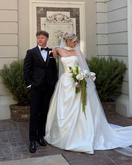 Classic A Line Strapless White Satin Long Train Wedding Dress DP8009