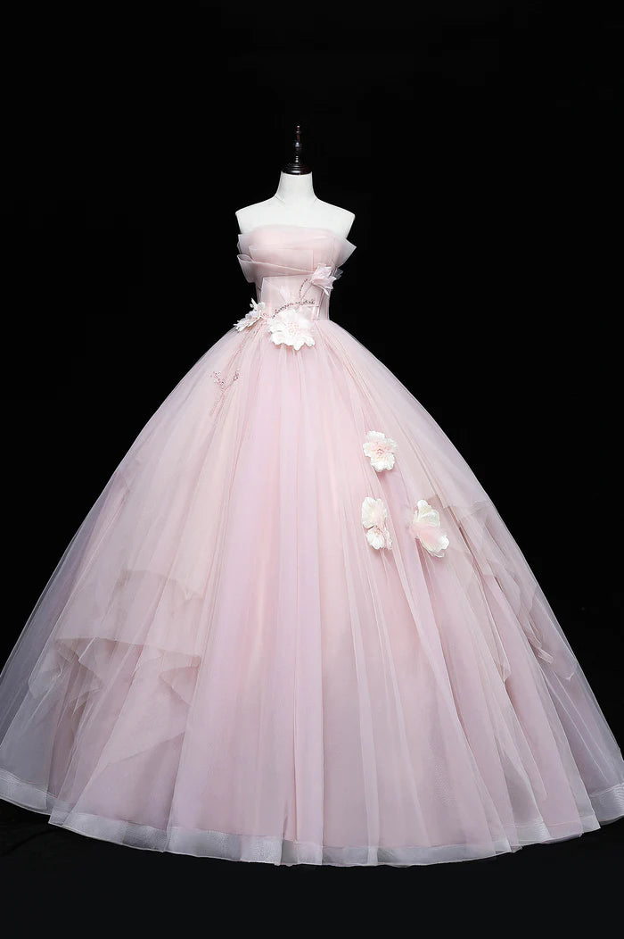 Pink A-Line Ball Gown Strapless Tulle Long Sweet Princess Prom Dresses   DP750