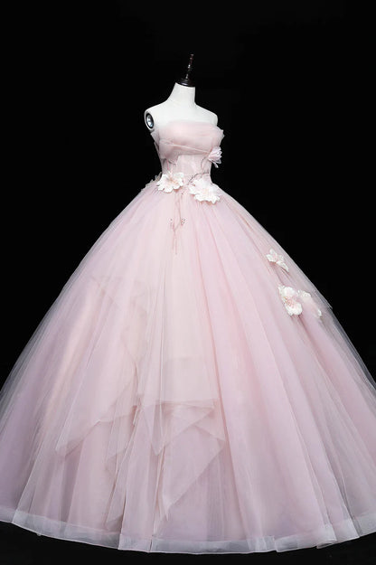 Pink A-Line Ball Gown Strapless Tulle Long Sweet Princess Prom Dresses   DP750