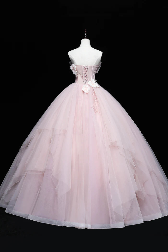 Pink A-Line Ball Gown Strapless Tulle Long Sweet Princess Prom Dresses   DP750
