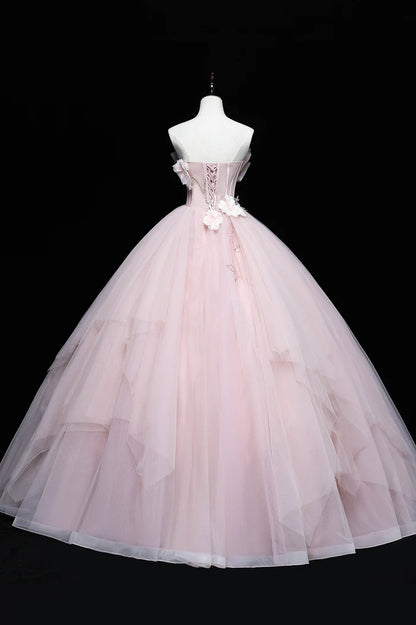 Pink A-Line Ball Gown Strapless Tulle Long Sweet Princess Prom Dresses   DP750