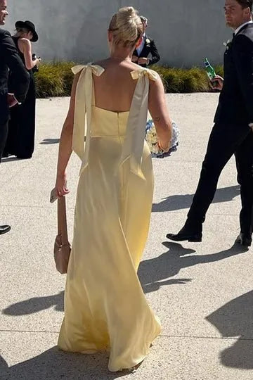 Sheath Straps Yellow Satin Long Bridesmaid Dresses with Slit DP5554