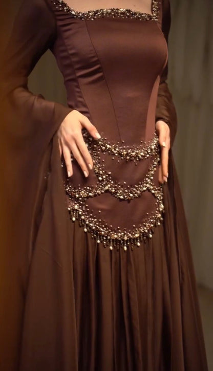 Elegant A Line Long Sleeve Beaded Chiffon Satin Prom Dress DP4798
