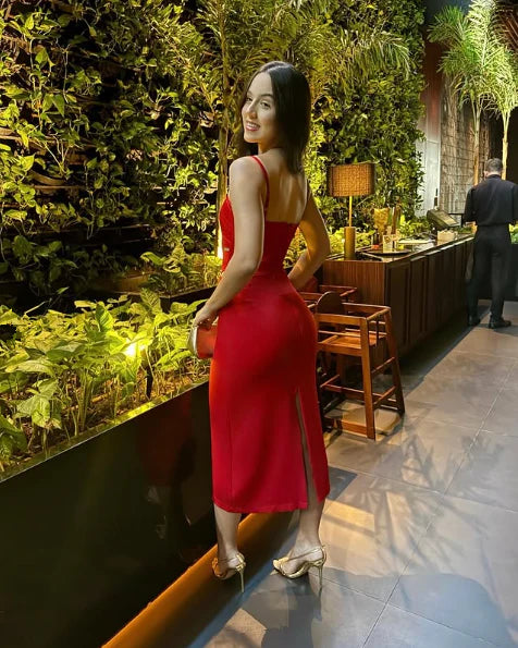 Sexy Sheath Straps Red Satin Prom Dress Evening Dress DP1212