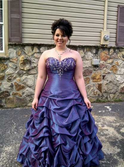 Vintage Purple Ball Gown Strapless Embroidery Pleated Satin Prom Dress Graduation Prom Dress DP5104