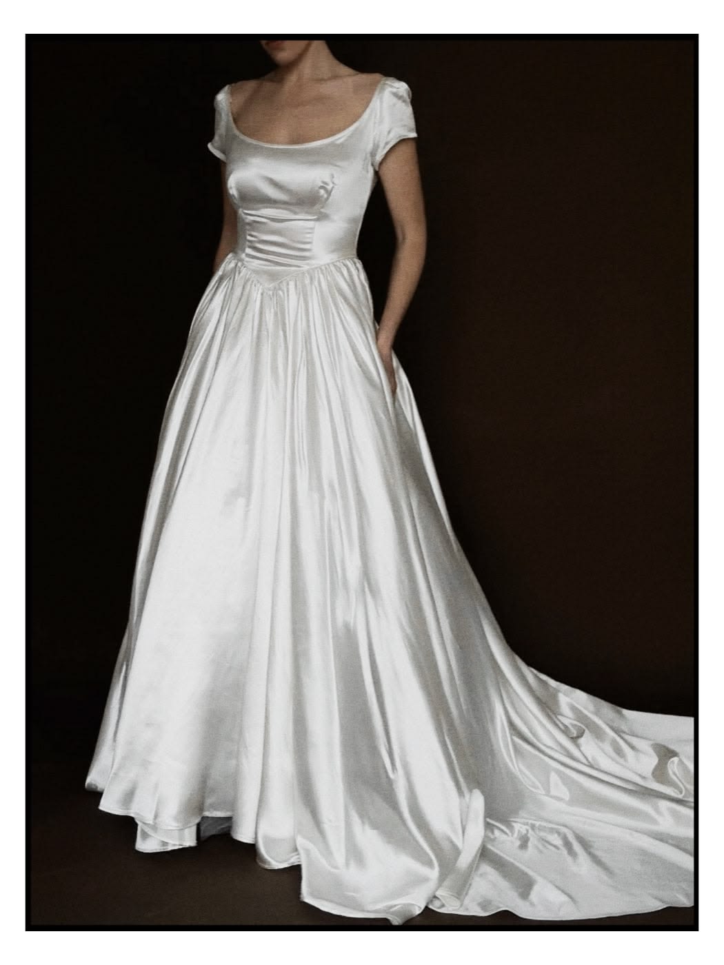 1940s Boat Neck Ballet White Satin Long Wedding Dress DP5211