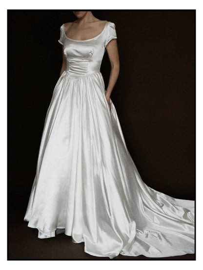 1940s Boat Neck Ballet White Satin Long Wedding Dress DP5211