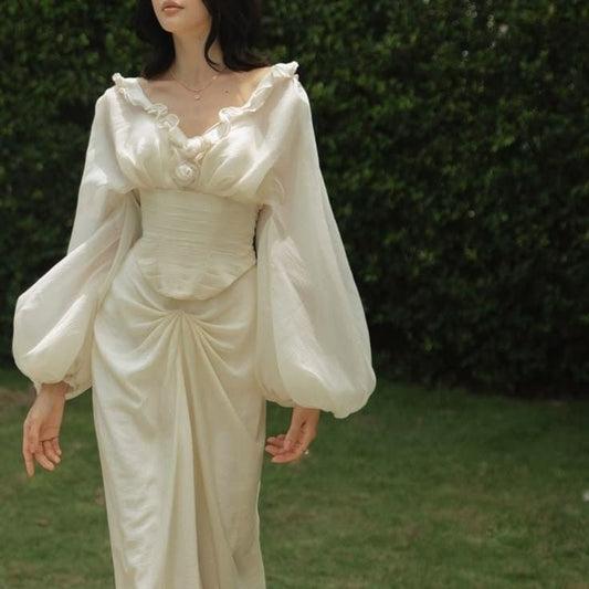 Vintage Two Piece Long Sleeve Chiffon Prom Dress Party Dress DP3698