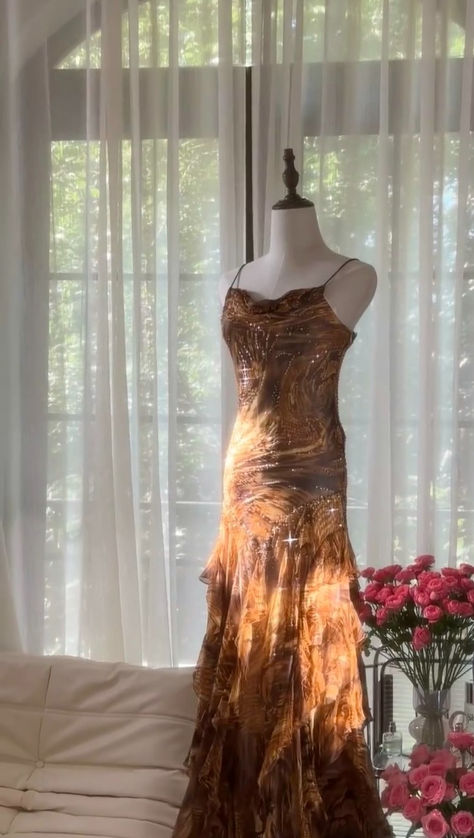 Amber Mermaid Spaghetti Strap Beaded Ruffle Chiffon Long Party Dress Evening Dress DP2343