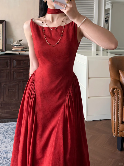 Classic Simple A Line Red Satin Long Prom Dress Evening Dress DP5646