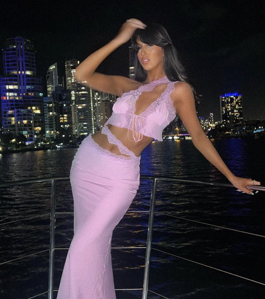 Sexy Sheath Two Piece Pink Lace Satin Long Prom Dress Evening Dress DP1478