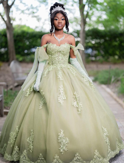 Light Green Princess Ball Gown Appliques Tulle Long Prom Dress 16th Birthday Dress DP5060