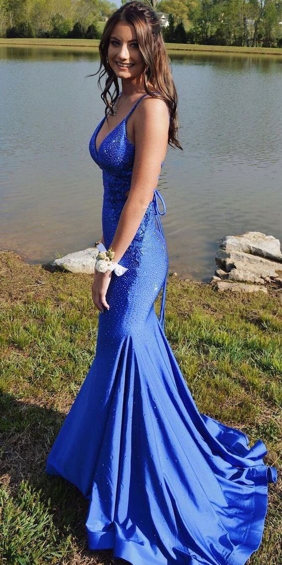 Royal Blue Mermaid V Neck Beaded Long Prom Dress Evening Dress DP1137
