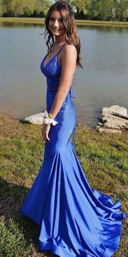 Royal Blue Mermaid V Neck Beaded Long Prom Dress Evening Dress DP1137