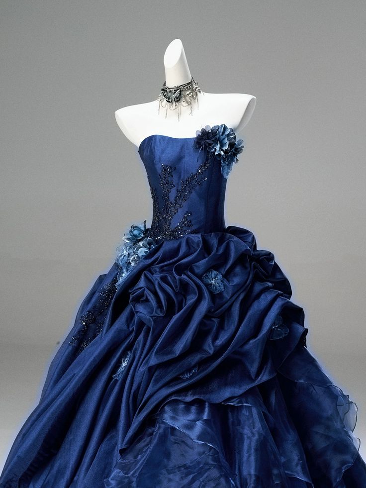Dark Blue Ball Gown Strapless Beaded Pleated Satin Organza Prom Dress Quinceanera Dress DP5065