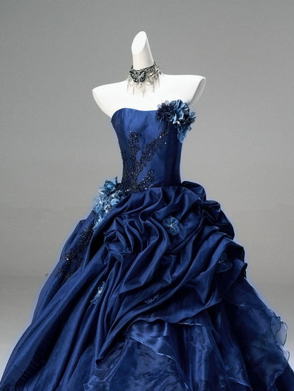 Dark Blue Ball Gown Strapless Beaded Pleated Satin Organza Prom Dress Quinceanera Dress DP5065