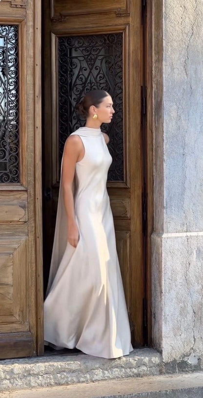 Elegant A Line Round Neck Ivory Satin Long Prom Dress Party Dresses Formal Gown DP3662