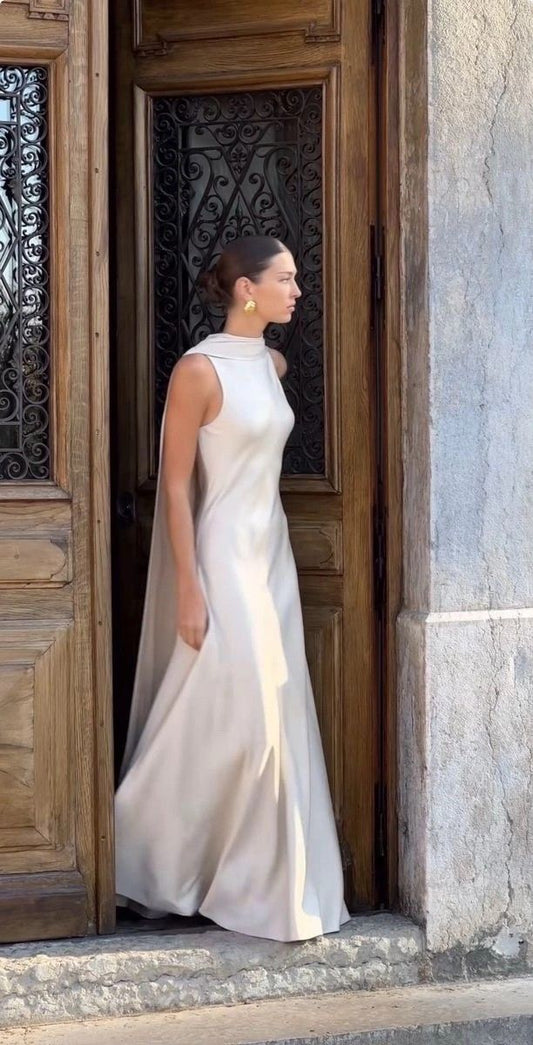 Elegant A Line Round Neck Ivory Satin Long Prom Dress Party Dresses Formal Gown DP3662