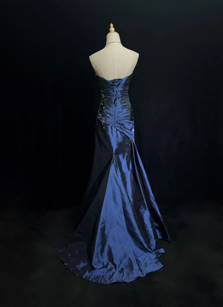 Navy Blue Mermaid Strapless Rhinestone Pleated Satin Prom Dress Party Dress DP3184