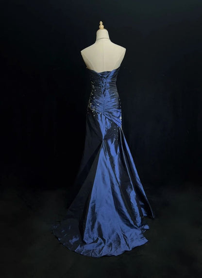 Navy Blue Mermaid Strapless Rhinestone Pleated Satin Prom Dress Party Dress DP3184