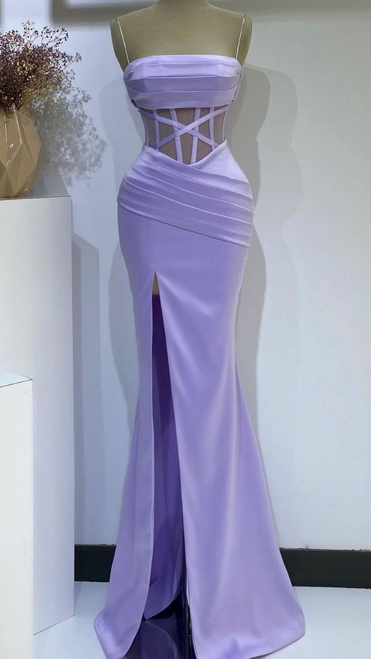 Spaghetti Straps Purple Slit Mermaid Prom Dress Long Evening Dress DP053