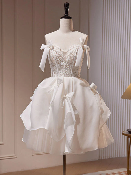 White A Line Bow Satin Tulle Lace Short Homecoming Dress DP1064