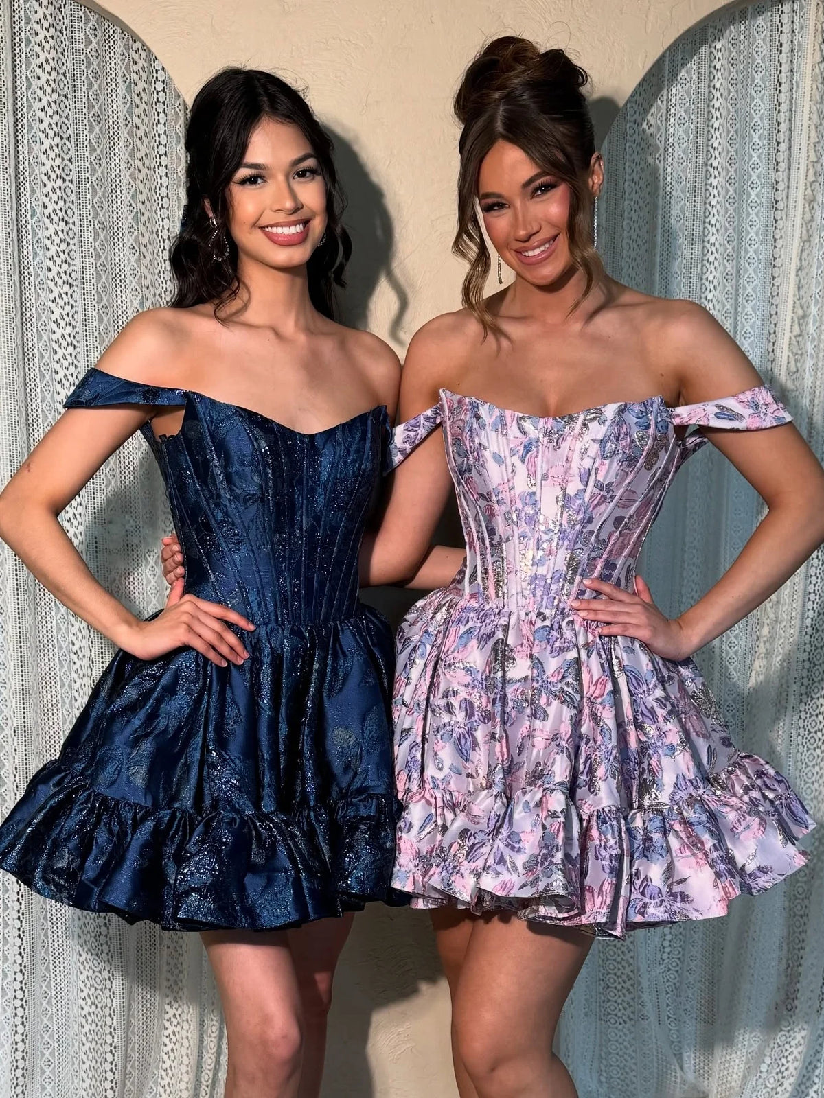 Modern A Line Off the Shoulder Navy Blue Printed Short Homecoming Dress DP7084