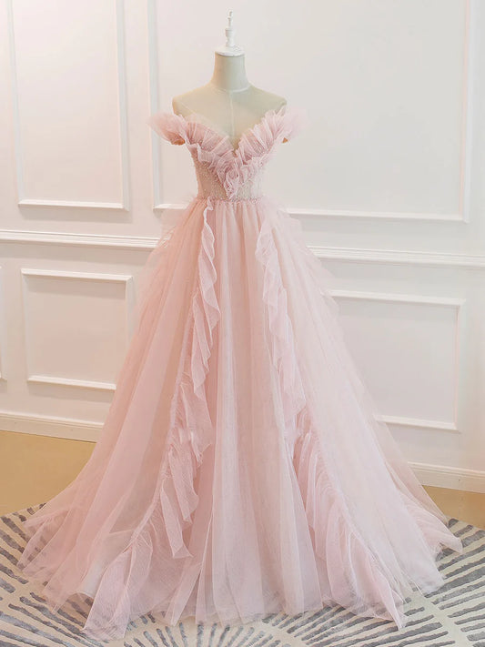 Light Pink A Line Off-the-shoulder Beaded Tulle Long Prom Dress DP949
