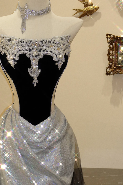 Classic A Line Strapless Beaded Silver Sequin Black Velvet Prom Dress Evening Dress DP3903