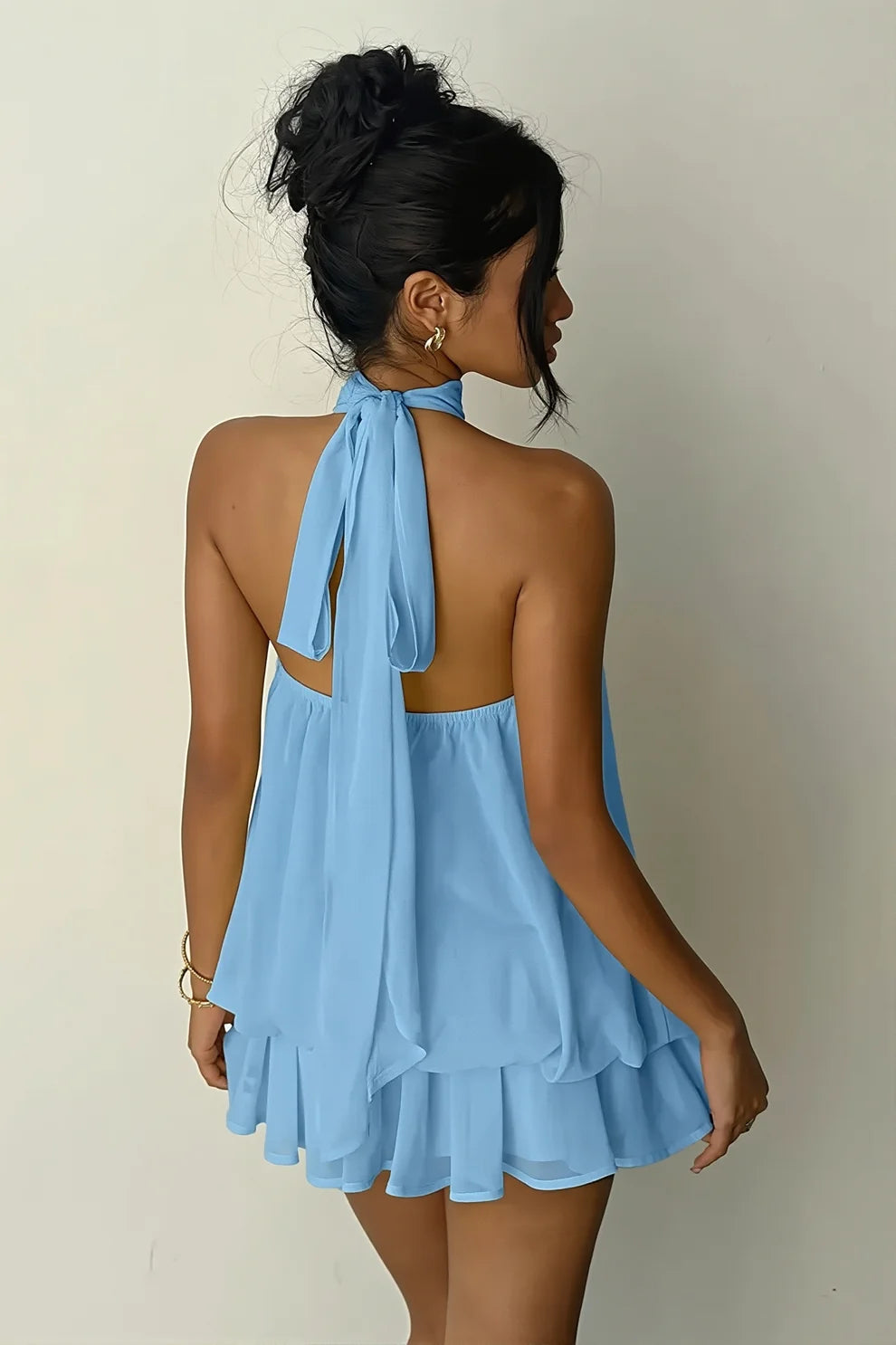 Blue A Line Halter Chiffon Backless Short Homecoming Dress DP7410