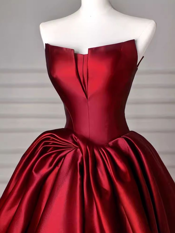 A Line Strapless Bow Red Satin Formal Gown  Evening Party Dress DP900