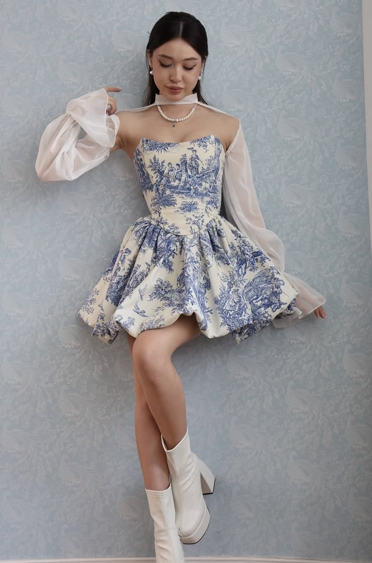 Blue A Line Long Sleeve White Chiffon Print Satin Short Prom Dress Homecoming Dress DP7012