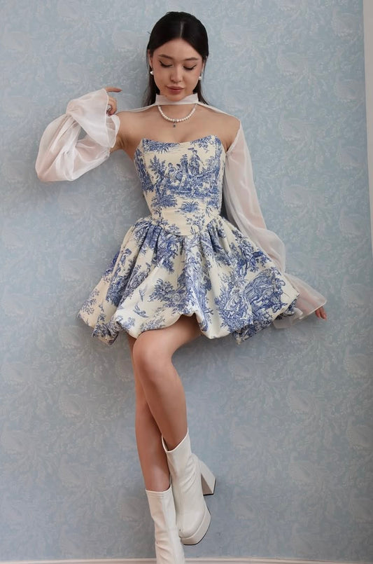 Blue A Line Long Sleeve White Chiffon Print Satin Short Prom Dress Homecoming Dress DP7012
