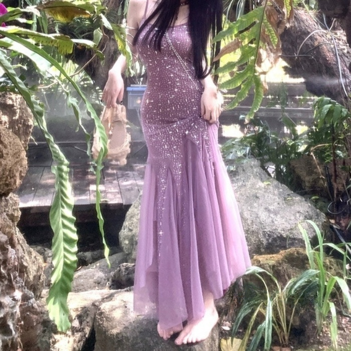 Pretty Lilac Mermaid Spaghetti Strap Beaded Tulle Party Dress Evening Dress DP2872