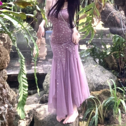 Pretty Lilac Mermaid Spaghetti Strap Beaded Tulle Party Dress Evening Dress DP2872
