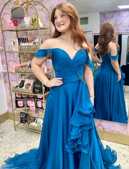 Pretty Dark Blue A Line Off the Shoulder Beaded Chiffon Long Prom Dress Evening Dress DP6516